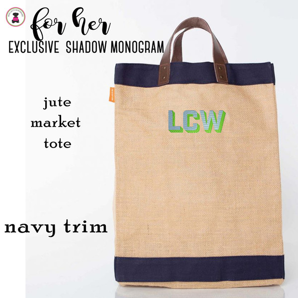 FOR HER Natural/Navy Jute Market Tote with Embroidered Shadow Monogram-FREE SHIP/Grad Gift/Bridesmaid Gift/ Bride Gift/Market Bag /Mom Gift / Wedding Gift/Jute