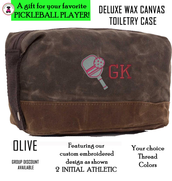 Pickleball Custom Design FOR HIM - 2 Initial Athletic - Deluxe Waxed Canvas Dopp Kit / Toiletry Case- Olive - Free Ship-Pickleball Team Gift/Pickleball Player Gift