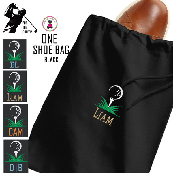 For the Golfer - Monogrammed ONE Shoe Bag for Travel with Golf Design2  - Black - FREE SHIP / Men's Travel /Men's Shoe Bag/Groomsmen Gift /Father's Day Gift/Grad Gift/Golfer Gift/Golf Team Gift