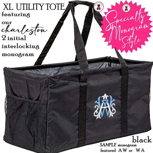 Carry It All Tote/xl Trunk Organizer-Black w Specialty CHARLESTON Monogram-Free Ship.Grocery.Tailgate tote.Car Bag.Beach Tote.Teacher Gift