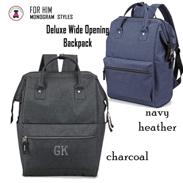 FOR HIM Monogrammed Deluxe Wide Opening Backpack-Charcoal or Navy Heather-Free Ship/Grad Gift/Business Backpack/Corporate/Teacher Bag
