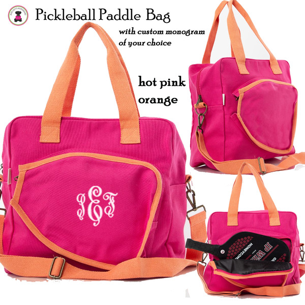 Pickleball Bag-FOR HER Monogram-Hot PInk/Orange Canvas-Free Ship.Grad Gift.Pickleball Player Gift.Pickleball Team Bag.Sport Gift.Pickleball Paddle Bag.