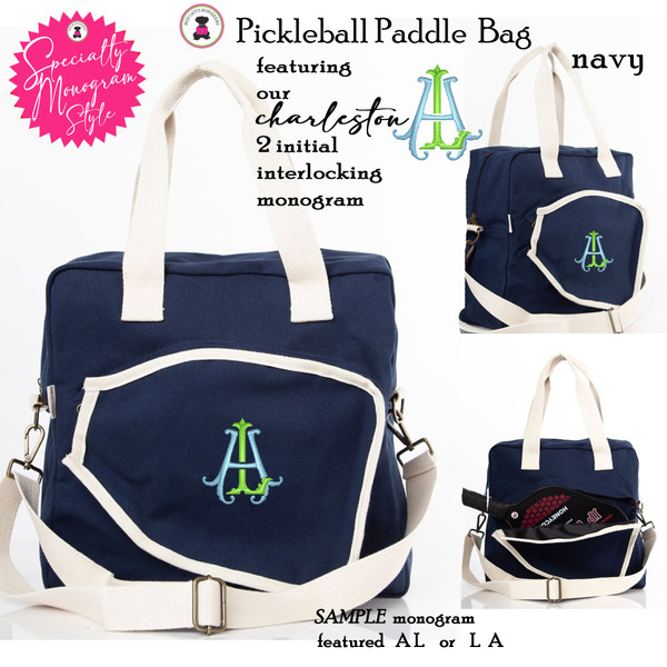 Pickleball Bag-FOR HER with Specialty CHARLESTON Monogram-Navy Canvas-Free Ship.Grad Gift.Pickleball Player Gift.Pickleball Team Bag.Sport Gift.Pickleball Paddle Bag.
