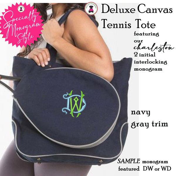 Tennis Tote w CHARLESTON Monogram-Navy/Gray Canvas-Free Ship.Grad Gift.Tennis Player.Tennis bag.Tennis team.Sport Gift.Tennis Racquet Bag