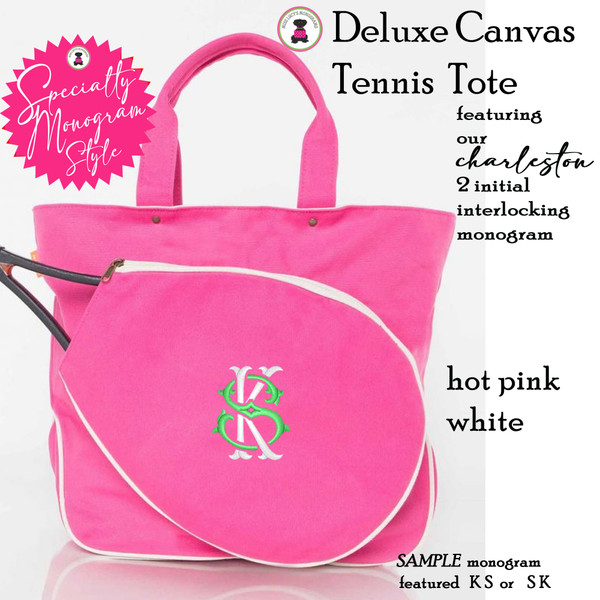 Tennis Tote w CHARLESTON Monogram-Hot Pink Canvas-Free Ship.Grad Gift.Tennis Player.Tennis bag.Tennis team.Sport Gift.Tennis Racquet Bag