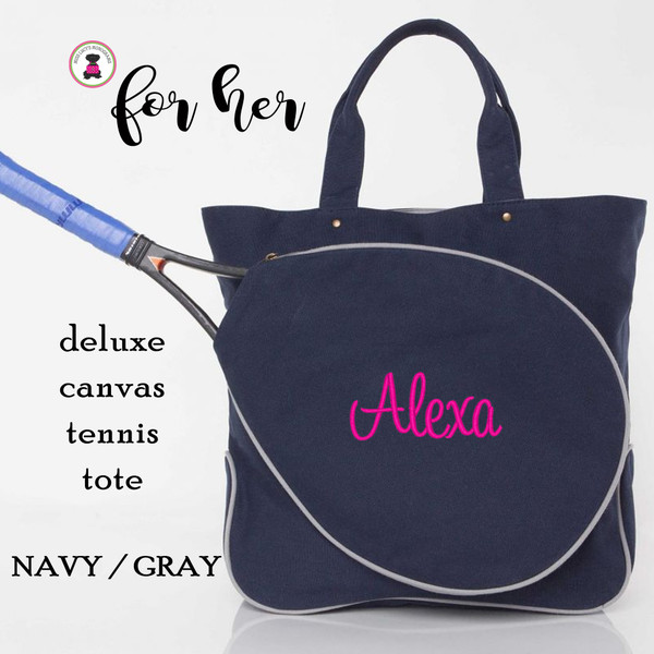 FOR HER Monogrammed Navy Canvas Tennis Tote -Free Ship/Grad Gift/Tennis Player/Tennis bag/Tennis team/Sport Gift/Tennis Racquet Bag
