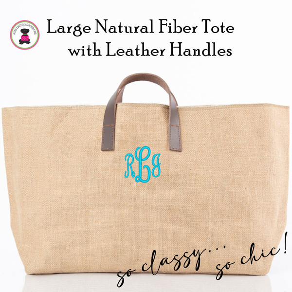 FOR HER Monogrammed Large Natural Fiber Tote with Leather Handles-FREE Ship-Market Tote /Bridesmaid Gift/Grad Gift/Teacher Tote/Beach Tote/Travel Tote