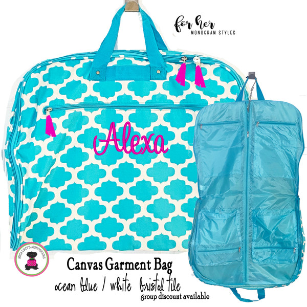 FOR HER Monogrammed Canvas Garment Bag - Ocean Blue and White Bristol Tile - FREE SHIP/Garment Bag / Monogrammed Garment Travel Bag/Teen Dress Bag/Dress Bag/Dancer Garment Bag /Flower Girl/Bat Mitzvah 