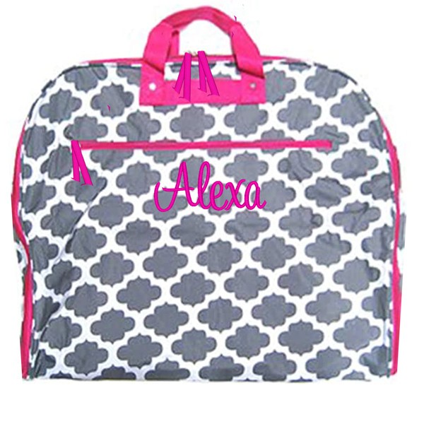 FOR HER Monogrammed Canvas Garment Bag - Gray and White Bristol Tile with Hot Pink Trim  - FREE SHIP/Garment Bag / Monogrammed Garment Travel Bag/Teen Dress Bag/Dress Bag/Dancer Garment Bag /Flower Girl/Bat Mitzvah 