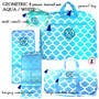 FOR HER Monogrammed 4 Piece Travel Set - Geometric - Aqua Blue / White - FREE SHIP / Grad Gift / Sweet 16 Gift / Travel Set / Bar Mitzvah Gift/ Tween Gift / Sleepover Set / Gift for Her / Travel Set 