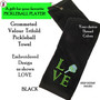 Pickleball Custom Design-FOR HER Cotton Velour Grommeted Trifold Towel w LOVE Design-Black-Free Ship-Pickleball Team Gift/Player Gift/Sport