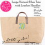 FOR HER Monogrammed Large Natural Fiber Tote with Leather Handles- CHARLESTON MONOGRAM-FREE Ship-Market Tote /Bridesmaid Gift/Grad Gift/Teacher Tote/Beach Tote/Travel Tote