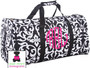 FOR HER Monogrammed Large Canvas Rounded Duffle - Damask - Black & White- FREE SHIP/Travel Duffel/Grad Gift/Tween/Dancer Duffel/Overnight Duffel