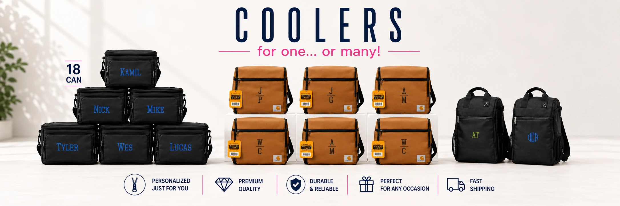Personalized black, navy, and brown coolers and backpacks with embroidered monograms