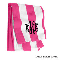 Monogrammed Large Cabana Stripe Beach Towel - Hot Pink & White--FREE SHIP/Beach Towel / Stripe Towel / Pool Towel / Vacation Towel / Grad Gift / Gift for Her