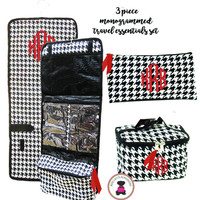 FOR HER Monogrammed 3 Piece Travel Essentials Set - Black / White Houndstooth - FREE SHIP/ladies' Travel Set/Gift for Her/Bridesmaid Gift/Flower Girl Gift/Dancer Gift/Grad Gift