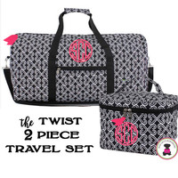 FOR HER Monogrammed 2 Piece Travel Set - Twist in Black / White  - FREE SHIP //Tween Gift/Grad Gift/ Travel Set/Gift for Her/Dance Bag/Cheer Gift/Bat Mitzvah Gift/Flower Girl Gift