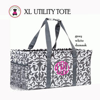 FOR HER Monogrammed XL Utility Tote / Trunk Organizer - Gray and White Damask - Folds Flat /  FREE SHIP/Bride Gift/Grocery Tote /Grad Gift/Picnic Tote/Beach Tote/Car organizer