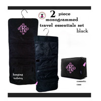 FOR HER Monogrammed 2 Piece Travel Essentials Set w Hanging Toiletry & Cosmetic Case - Black - FREE SHIP/ladies' Travel Set/Gift for Her/Bridesmaid Gift/Flower Girl Gift/Dancer Gift/Grad Gift