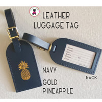 Leather Luggage Tag- NAVY with Gold  Pineapple-FREE SHIP.Bag Tag.Friend Gift.Bag Tag.Hostess Gift.Backpack Tag.Carry On Tag.