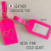 Leather Luggage Tag- NEON PINK with Gold Heart-Free Ship.Bride Gift.Bridesmaid Gift.Grad Gift.Gift for Her.Hostess Gift.