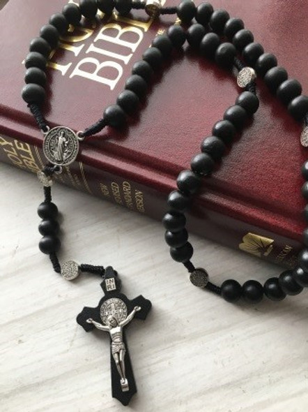 Cord Rosary: 10mm Black Wood Bead St Benedict Crucifix(ROC10K)