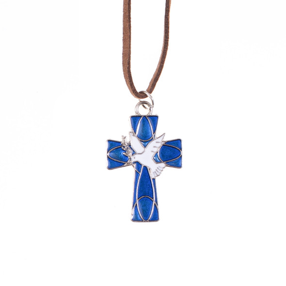 Confirmation Siver Cross/Dove BLUE on leather cord(CRF3019B)