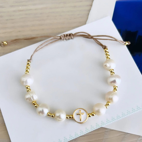 Adjustable Cord Bracelet: Pearl White & Gold (BR30038G)