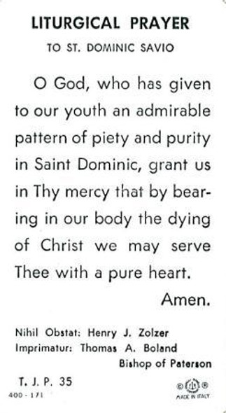 TJP Holy Card: St Dominic Savio #1