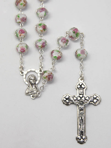 Rosary: Glass Rose 9mm bead in White (RX1153W) Rosary: Glass Rose 9mm bead in White (RX1153W)