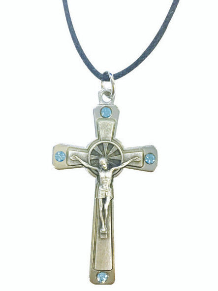 Silver Crucifix with Blue Crystals on Cord (CR3672B)