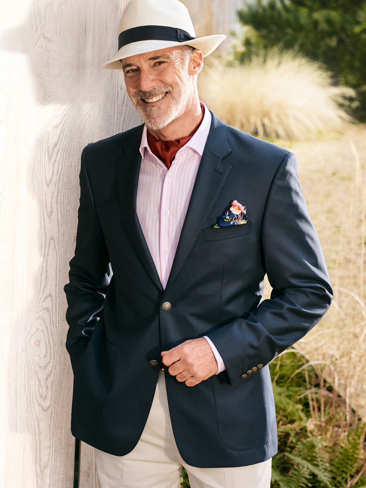 Men's Luxury Navy Blue Wool Blazer Jacket On Model