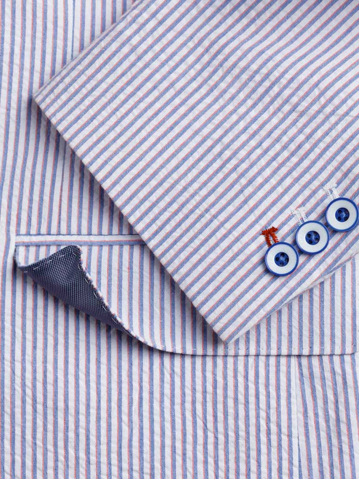 Men's Blue White Red Stripe Seersucker Jacket 3 button working cuff