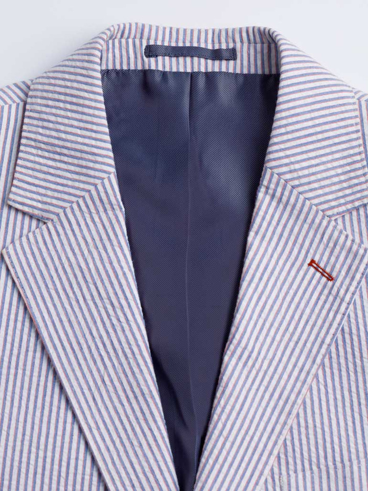 Men's Blue White Red Stripe Seersucker Jacket Red stitching on lapel