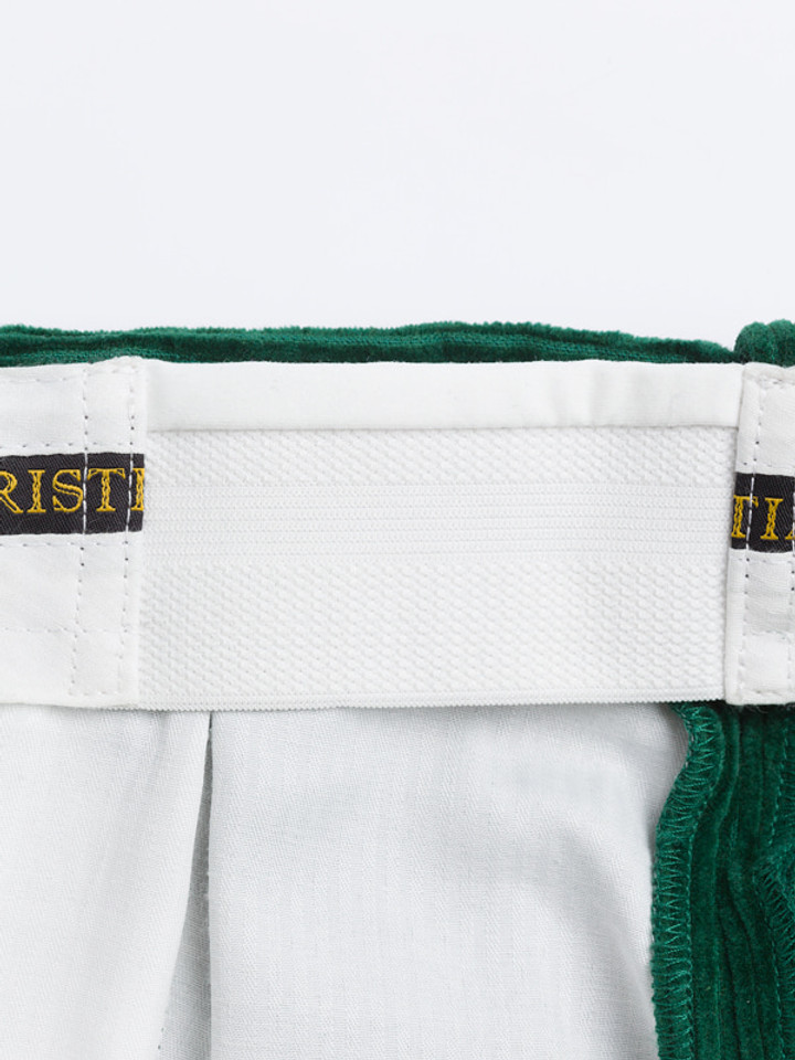 Close Up of Men's Emerald Green Corduroy Trousers Expanding Waistband