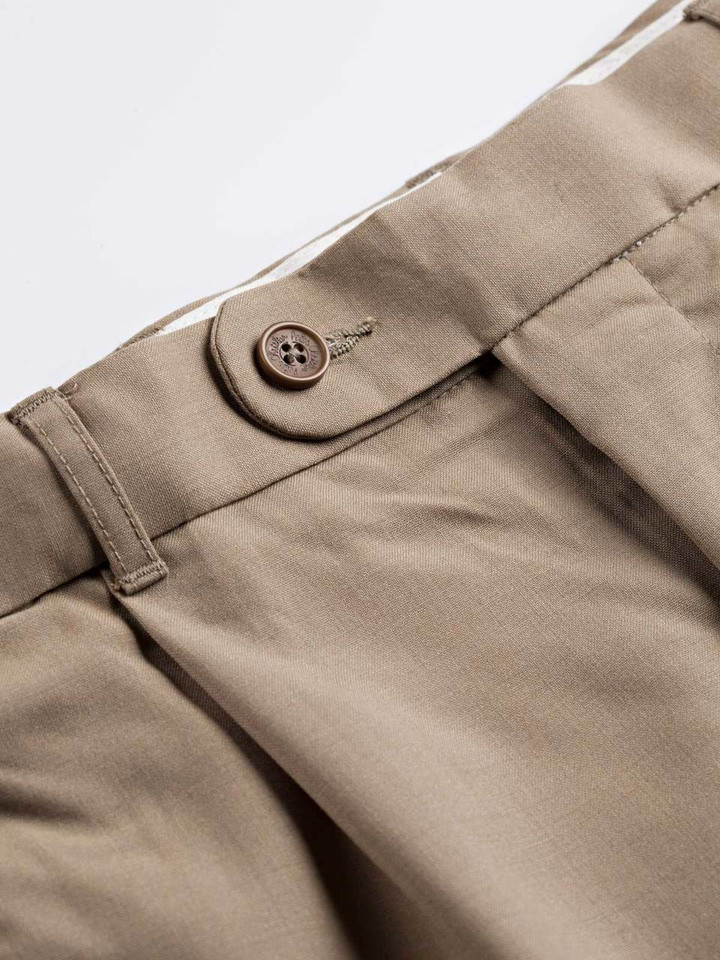 Men's Sand Brown Super 100s Fine Wool Trousers Buttons Waistband
