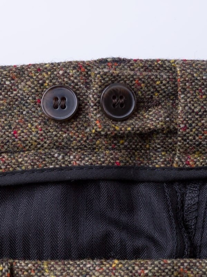 Close Up of Bronze Fine Donegal Tweed Trousers Buttoned Adjustable Waistband