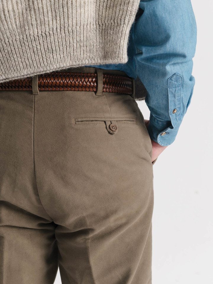 Men's Loden Green Moleskin Trousers Buttoned Rear Pockets