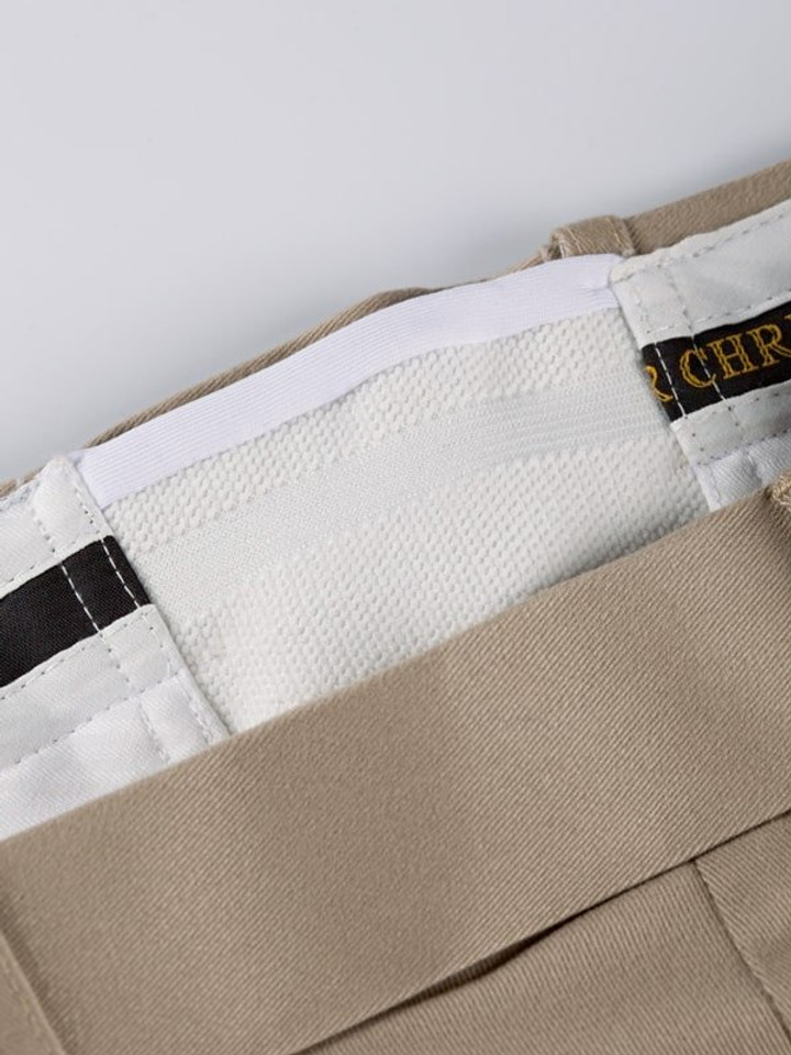 Close Up of Sand Brown Pleated Chino Trousers Expanding Waistband