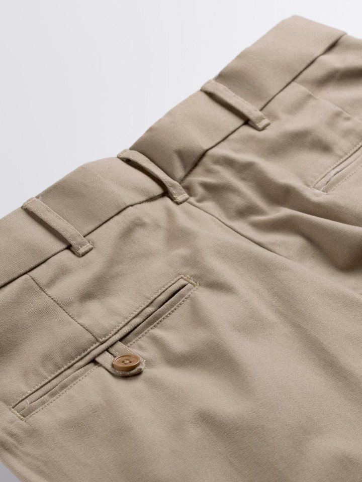 Close Up of Sand Brown Pleated Chino Trousers Rear Pockets