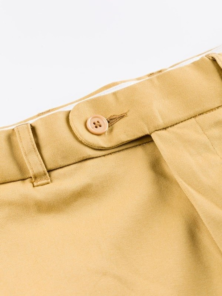 Close Up of Mustard Yellow Flat Front Chino Trousers Details