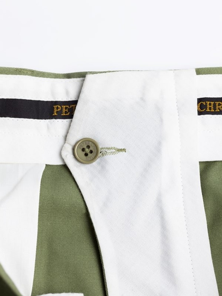 Close Up of Green Flat Front Chino Trousers French Bearer