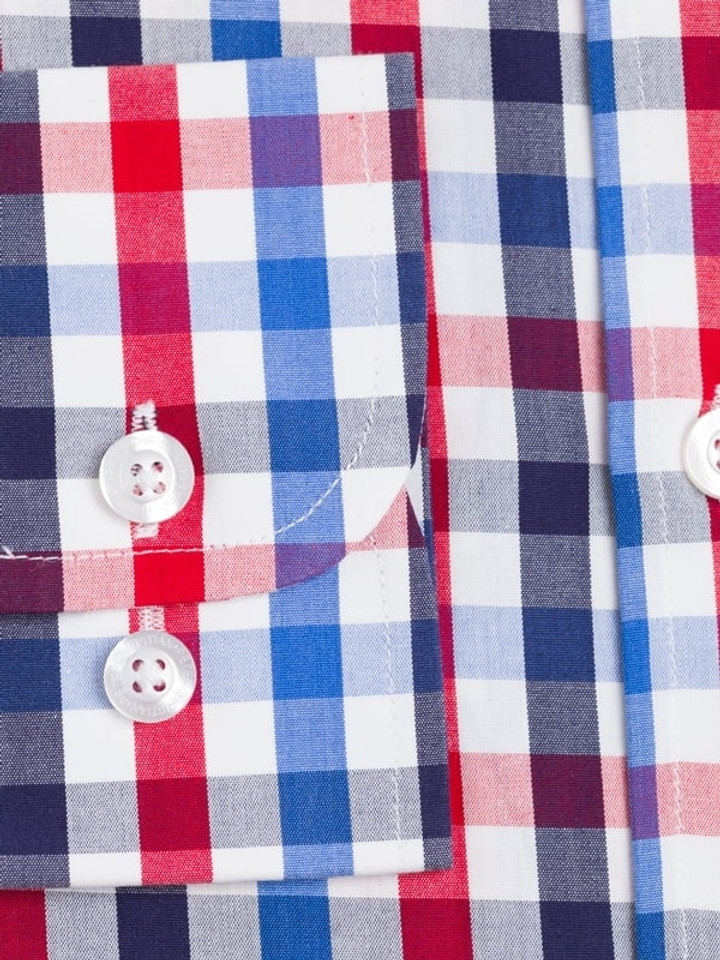 Men's Red & Navy Cotton Check Long Sleeve Shirt Cuff