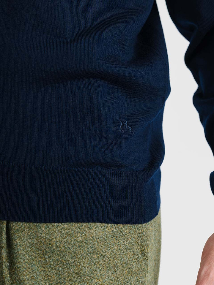 Men's Navy Blue Merino Wool V-Neck Jumper Hares Detail