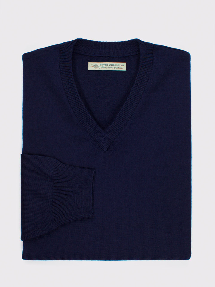 Men's Navy Blue Merino Wool V-Neck Jumper Folded