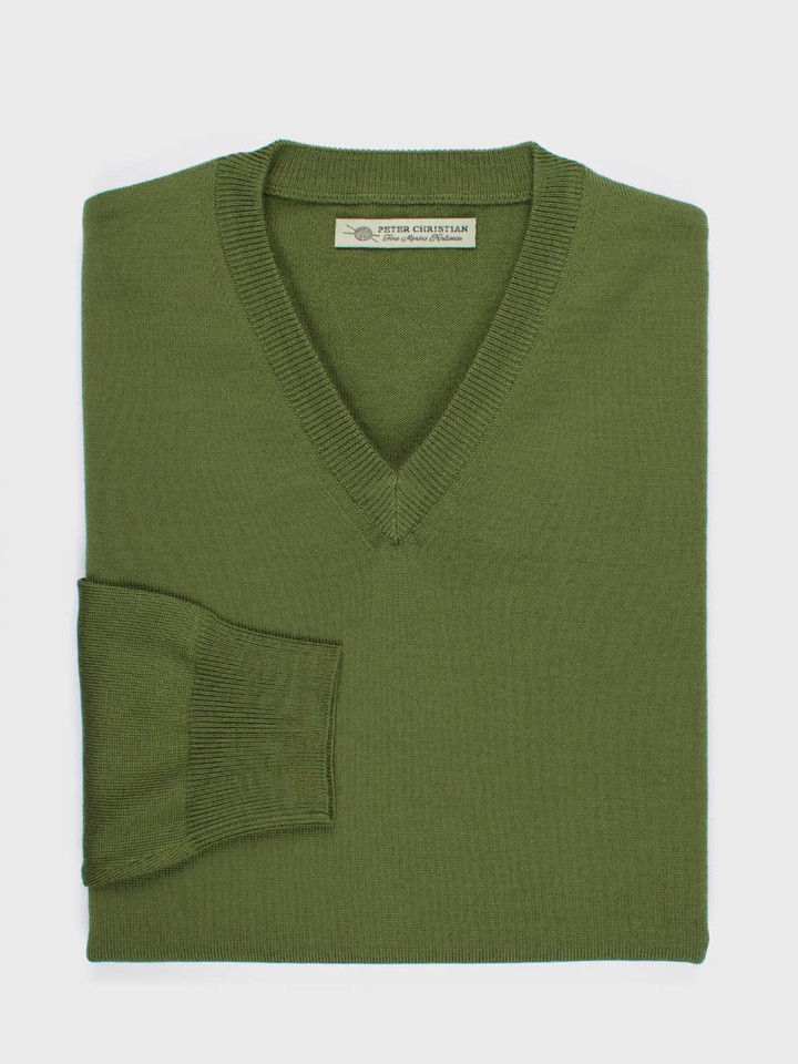 Men's Leaf Green Merino Wool V-Neck Jumper Folded