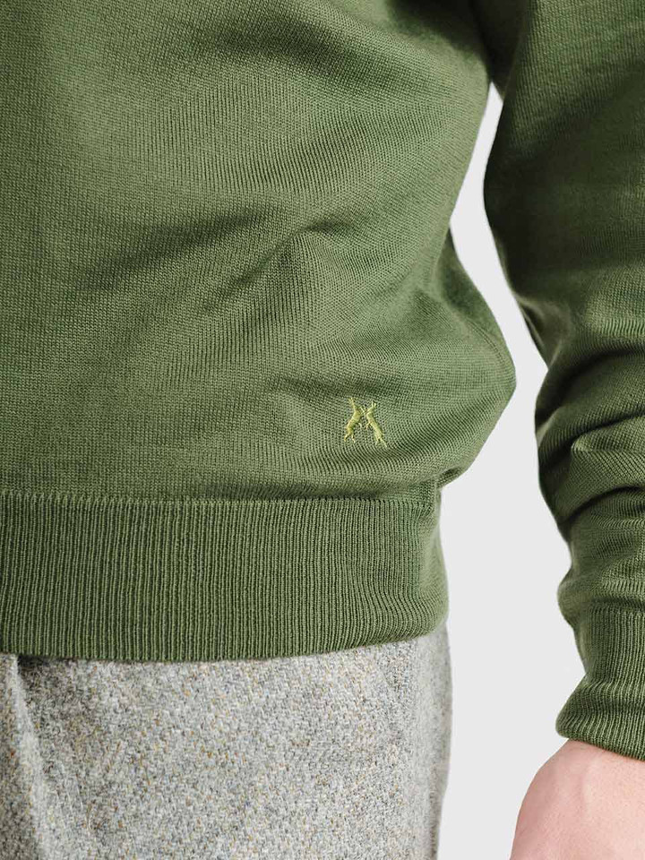 Men's Leaf Green Merino Wool V-Neck Jumper Hares Detail