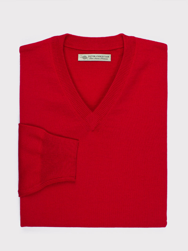 Men's Red Merino Wool V-Neck Jumper Folded