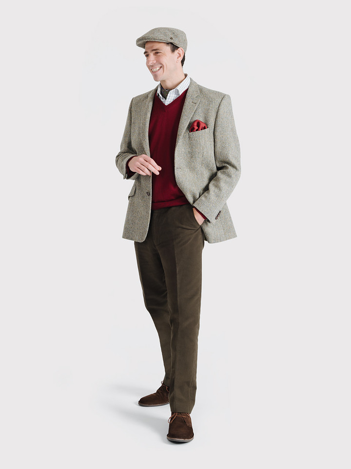 Men's Wine Merino V-Neck Jumper On Model