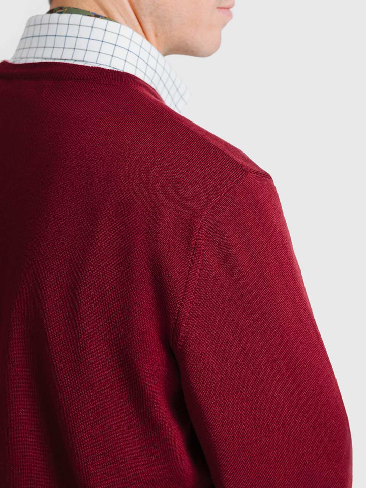 Men's Wine Merino V-Neck Jumper Shoulder Close Up